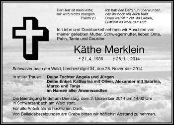 Traueranzeige von Käthe Merklein von Frankenpost
