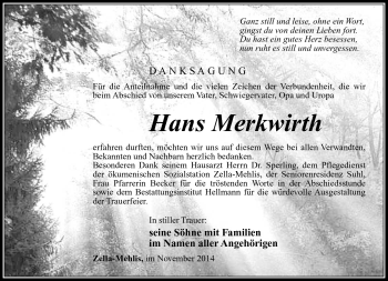 Traueranzeige von Hans Merkwirth von Südthüringer Presse