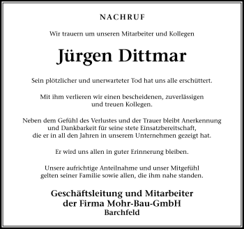 Traueranzeige von Jürgen Dittmar von Südthüringer Presse