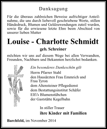 Traueranzeige von Louise-Charlotte Schmidt von Südthüringer Presse