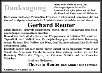 Traueranzeige von Gerhard Reuter von Südthüringer Presse