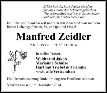 Traueranzeige von Manfred Zeidler von Südthüringer Presse