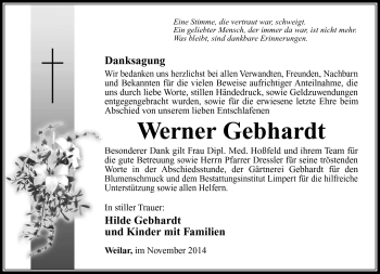 Traueranzeige von Werner Gebhardt von Südthüringer Presse