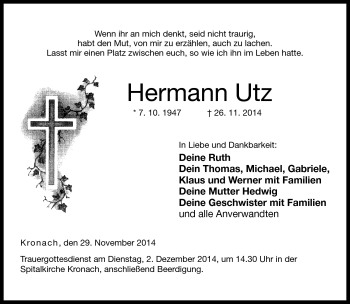 Traueranzeige von Hermann Utz von Neue Presse Coburg