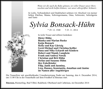 Traueranzeige von Sylvia Bondack-Hühn von Südthüringer Presse