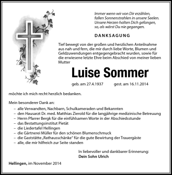 Traueranzeige von Luise Sommer von Südthüringer Presse