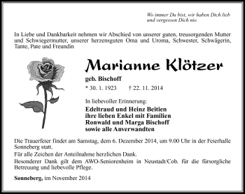 Traueranzeige von Marianne Klötzer von Südthüringer Presse