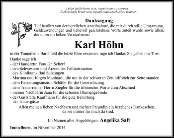 Traueranzeige von Karl Höhn von Südthüringer Presse