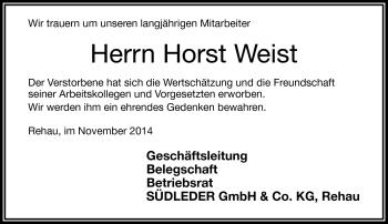 Traueranzeige von Horst Weist von Frankenpost