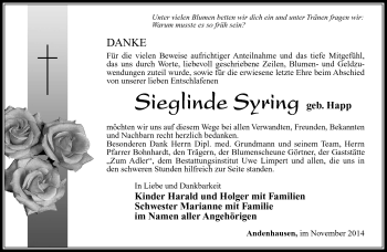 Traueranzeige von Sieglinde Syring von Südthüringer Presse