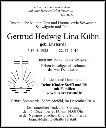Traueranzeige von Gertrud Hedwig Lina Kühn von Südthüringer Presse
