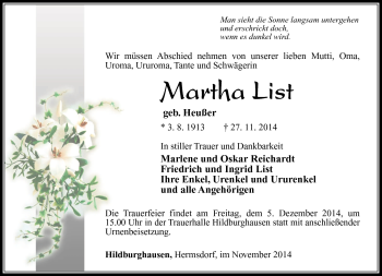 Traueranzeige von Martha List von Südthüringer Presse