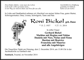 Traueranzeige von Roni Bickel von Südthüringer Presse