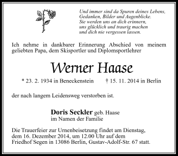 Traueranzeige von Werner Haase von Südthüringer Presse