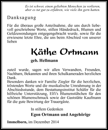 Traueranzeige von Käthe Ortmann von Südthüringer Presse