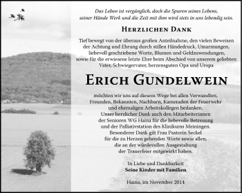 Traueranzeige von Erich Gundelwein von Südthüringer Presse