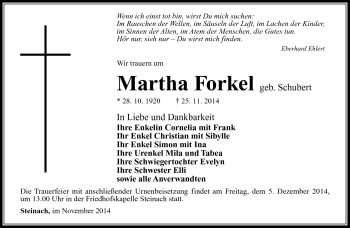Traueranzeige von Martha Forkel von Südthüringer Presse