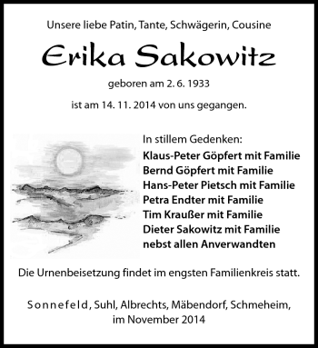 Traueranzeige von Erika Sakowitz von Neue Presse Coburg