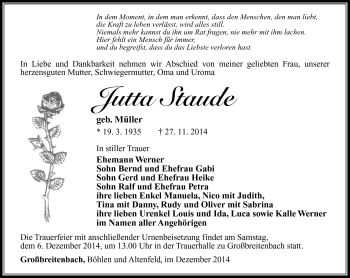 Traueranzeige von Jutta Staude von Südthüringer Presse