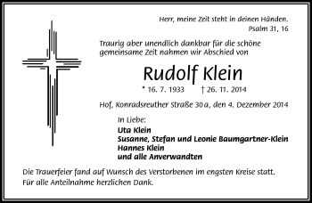Traueranzeige von Rudolf Klein von Frankenpost