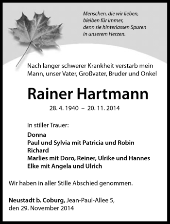 Traueranzeige von Rainer Hartmann von Neue Presse Coburg