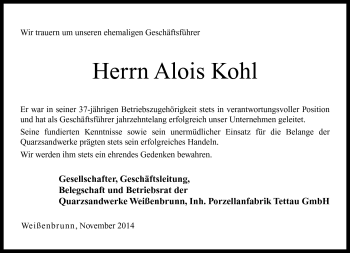 Traueranzeige von Alois Kohl von Neue Presse Coburg