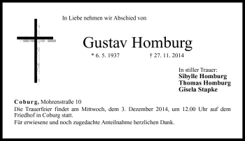 Traueranzeige von Gustav Homburg von Neue Presse Coburg