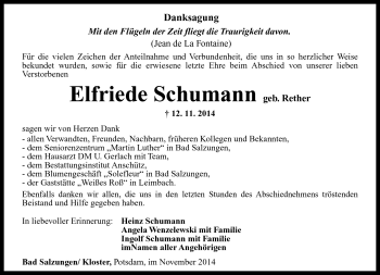 Traueranzeige von Elfriede Schumann von Südthüringer Presse