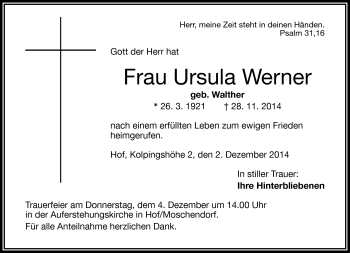Traueranzeige von Ursula Werner von Frankenpost