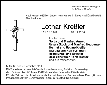 Traueranzeige von Lothar Kreßler von Neue Presse Coburg