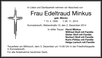 Traueranzeige von Edeltraud Minkus von Frankenpost