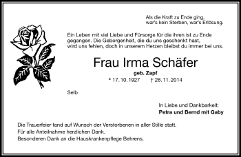 Traueranzeige von Irma Schäfer von Frankenpost