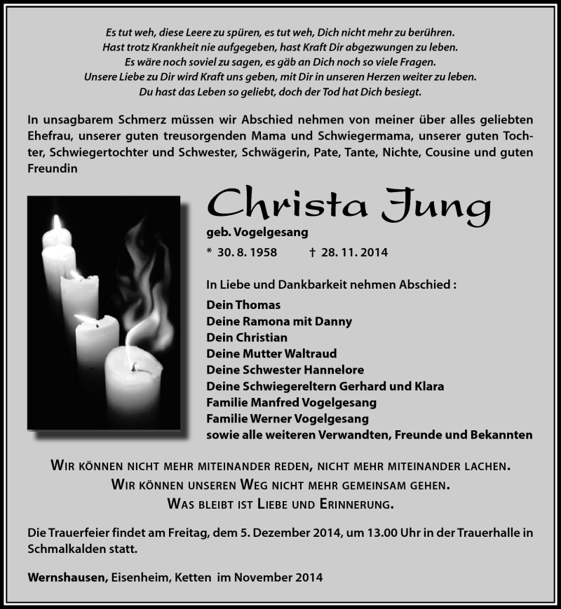  Traueranzeige für Christa Jung vom 02.12.2014 aus Südthüringer Presse