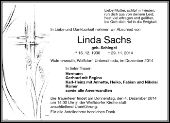 Traueranzeige von Linda Sachs von Frankenpost