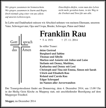 Traueranzeige von fränklin Rau von Südthüringer Presse