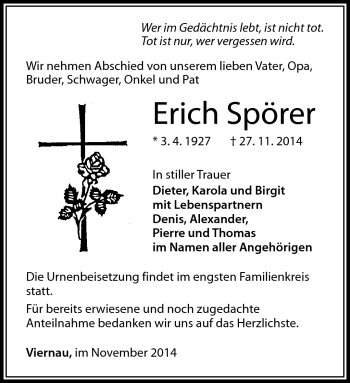 Traueranzeige von Erich Spörer von Südthüringer Presse