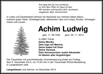 Traueranzeige von Achim Ludwig von Südthüringer Presse