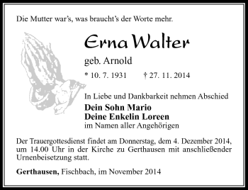 Traueranzeige von Erna Walter von Südthüringer Presse