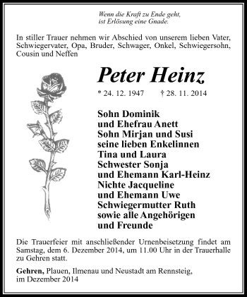 Traueranzeige von Heinz Peter von Südthüringer Presse