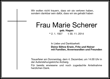 Traueranzeige von Marie Scherer von Frankenpost