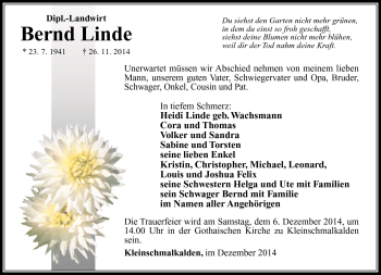 Traueranzeige von Bernd Linde von Südthüringer Presse