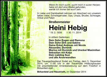 Traueranzeige von Heini Hebig von Südthüringer Presse