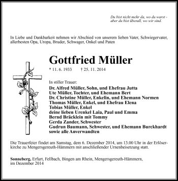 Traueranzeige von Gottfried Müller von Südthüringer Presse