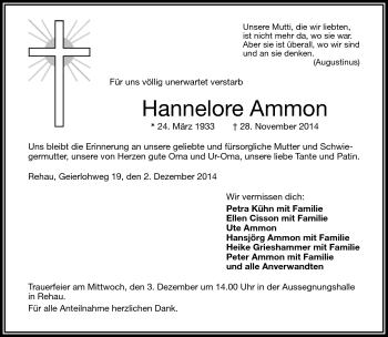 Traueranzeige von Hannelore Ammon von Frankenpost