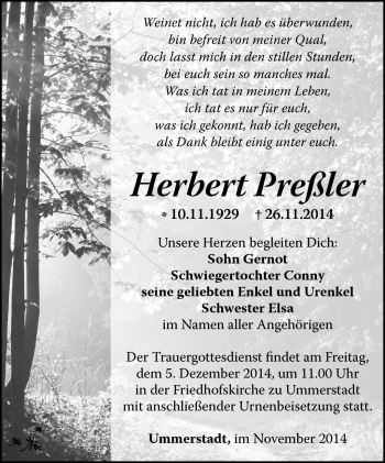Traueranzeige von Herbert Preßler von Südthüringer Presse