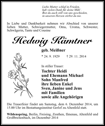 Traueranzeige von Hedwig Kämtner von Südthüringer Presse