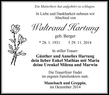 Traueranzeige von Waltraud Hartung von Südthüringer Presse