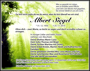 Traueranzeige von Albert Siegel von Südthüringer Presse
