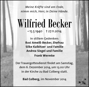 Traueranzeige von Wilfried Becker von Südthüringer Presse