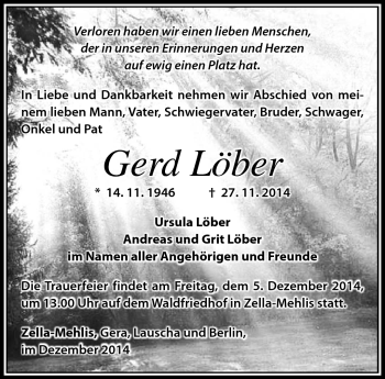 Traueranzeige von Gerd Löber von Südthüringer Presse